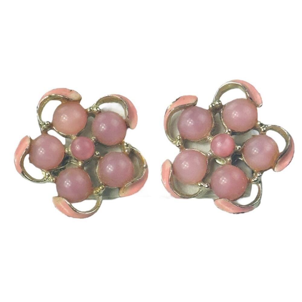 Vintage Silver Toned Pink Flower Clip-On Earrings Painted Edges Glass Accents